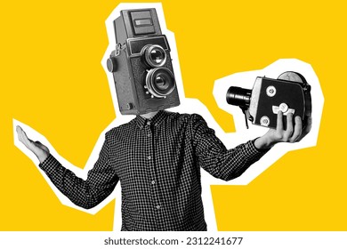 Collage 3d image of pinup pop retro sketch of funny guy old camera instead of head showing shot gesture isolated painting background