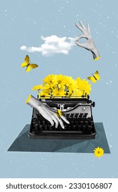 Collage imagen 3d pinup arte pop de manos tecleador de copywriter teclado vintage mecánico bouquet margarita amarillo aislado en fondo azul