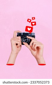 Collage 3d image of pinup pop retro sketch of hands holding retro vintage camera social media photo like heart icon photographer