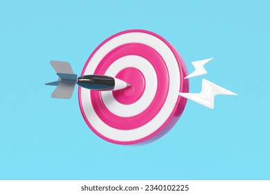 Collage 3d imagen del esbozo retro pop pinup de flecha obteniendo dardos bullseye fondo de color azul aislado