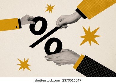Collage 3d image of pinup pop retro sketch of hands holding percentage symbol discount sales shopping bizarre unusual fantasy billboard