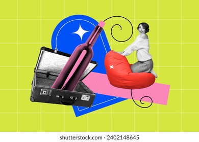 Collage 3d image of pinup pop retro sketch of funny female wine bottle party tourism freak bizarre unusual fantasy billboard comics - Powered by Shutterstock