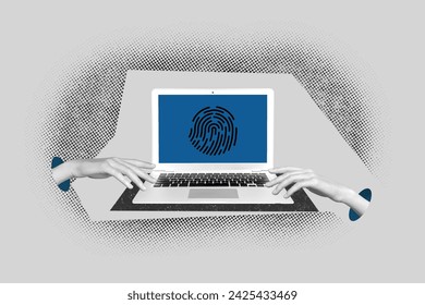 Collage 3d image of pinup pop retro sketch of computer netbook fingerprint password weird freak bizarre unusual fantasy billboard