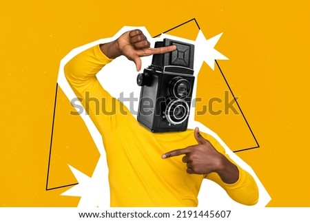 Collage 3d image of pinup pop retro sketch of funny guy old camera instead of head showing shot gesture isolated painting background