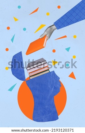 Collage 3d image of pinup pop retro sketch of arm palm putting books inside drawing open head isolated painting background