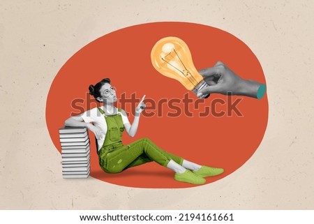 Collage 3d image of pinup pop retro sketch of smart clever lady pointing lamp having great idea plan isolated painting background