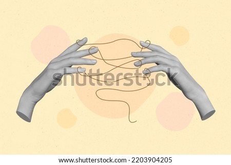 Collage 3d image of pinup pop retro sketch of hands hold tangled thread rope sewing craft loop fingers puzzle solution painting background