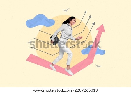 Collage 3d image of pinup pop retro sketch of funny funky running fast businesswoman hurry reach success arrows work statistics employee
