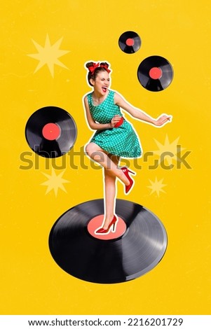 Collage 3d image of pinup pop retro sketch of smiling happy lady dancing turntable plate isolated painting background