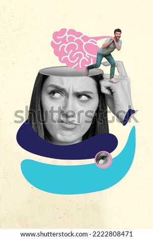 Collage 3d image of pinup pop retro sketch of funny funky guy stealing lady mind isolated painting background