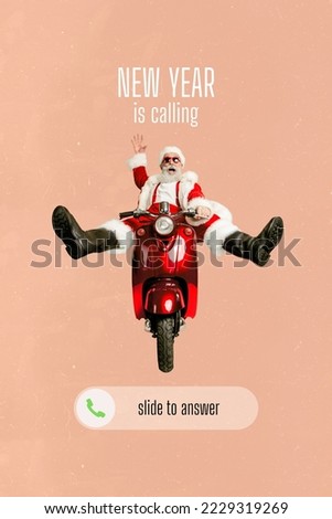 Collage 3d image of pinup pop sketch of funny smiling grandfather riding moped xmas call touch screen presents isolated painting background