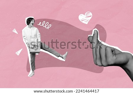Collage 3d image of pinup pop retro sketch of happy smiling lady getting 14 february present isolated painting background