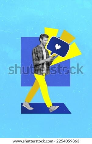 Collage 3d image of pinup pop retro sketch of smiling guy getting instagram twitter facebook likes isolated painting background