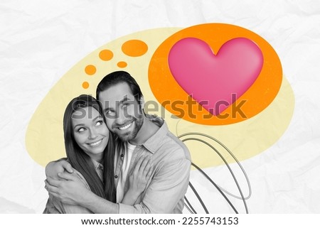 Collage 3d image of pinup pop retro sketch of smiling happy husband wife dreaming 14 february holiday isolated painting background