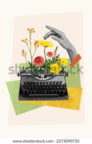 Collage 3d image of pinup pop retro sketch of arm writing old typing machine growing flowers isolated painting background