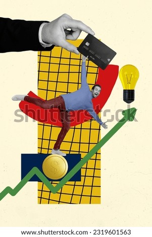 Collage 3d image of pinup pop retro sketch of excited man keep balance bank account hand hold credit card investment stock market trading