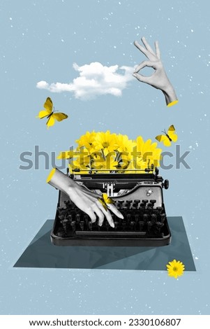 Collage 3d image pinup pop artwork of hands typing copywriter mechanical vintage keyboard yellow bouquet daisy isolated on blue background