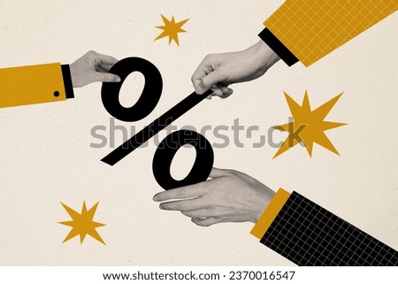 Collage 3d image of pinup pop retro sketch of hands holding percentage symbol discount sales shopping bizarre unusual fantasy billboard