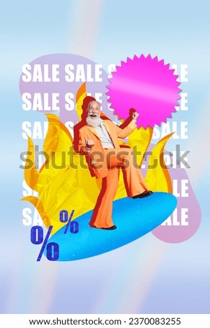 Collage 3d image of pinup pop hipster 70s of raise fists celebrate victory stylish trendy old man grandpa orange costume suit sales price