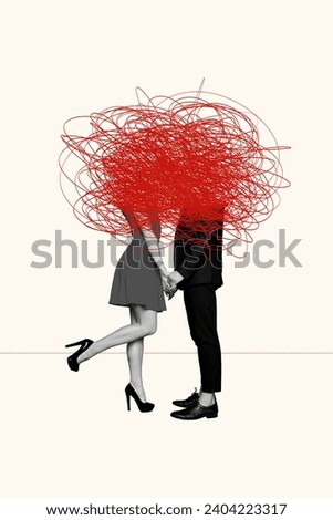 Collage 3d image of pinup pop retro sketch of young stressed couple difficult relationship chaos weird freak unusual fantasy billboard