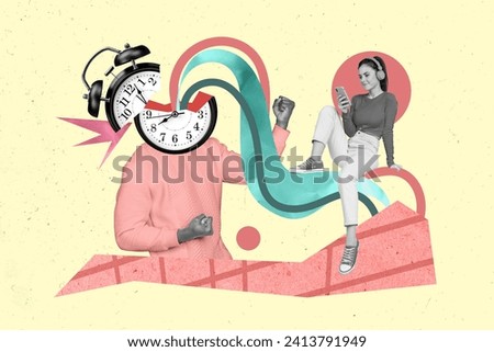 Collage 3d image of pinup pop retro sketch of funny female listen music man clock instead head timer weird freak bizarre unusual fantasy