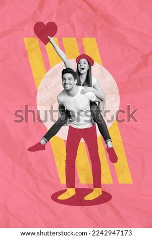 Collage 3d image of retro sketch of charming funny couple riding hands arms having fun 14 february isolated painting background