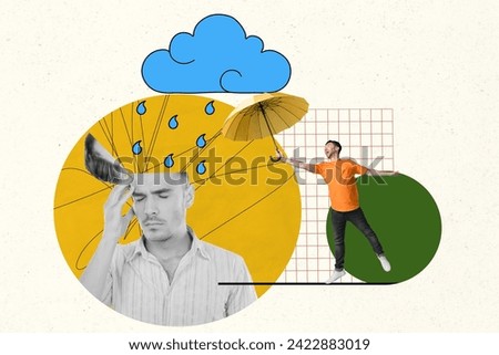 Collage 3d image retro sketch of sad man open head mind headache rainy weather hold umbrella medicine weird freak bizarre unusual fantasy