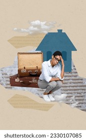 Collage 3d pinup pop retro sketch image of unhappy lonely lady guy packing stuff for relocation isolated painting background