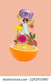 Collage 3d pinup pop sketch image of positive girl jump up rejoice summer vacation resort tropic country isolated painting background