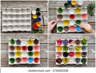 Collage of 4 photos, craft for children from egg processing box using natural material. - Powered by Shutterstock