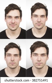 Collage (4 photos), young man, close up, for id/passport photo identification.