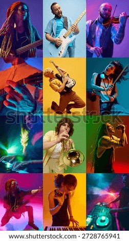 Collage of 9 musicians performing with instruments in studio under colorful lights. Concept of live music content, concert visuals, streaming platforms, social media and entertainment industry.