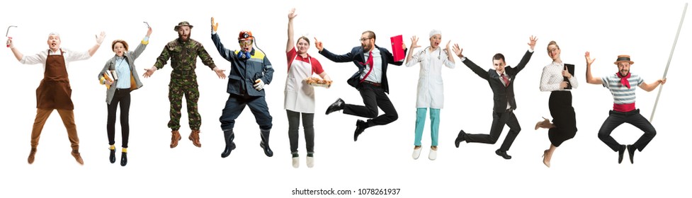 Collage about different professions. Group of men and women in uniform jumping at studio isolated on white background. Full length of people with different occupations. Buisiness, professional concept