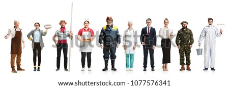 Collage about different professions. Group of men and women in uniform standing isolated on white . Full length of people with different occupations. Buisiness, professional, labor day concept