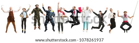 Collage about different professions. Group of men and women in uniform jumping at studio isolated on white background. Full length of people with different occupations. Buisiness, professional concept