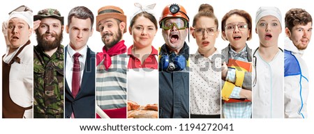 Collage about different professions. Group of men and women in uniform standing at studio isolated on white background. Buisiness, professional, labor day concept