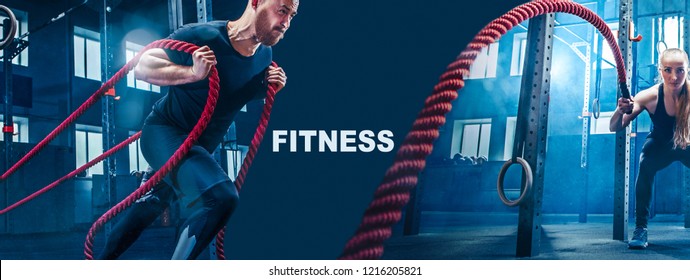 Collage about man and woman with battle rope during exercise in the fitness gym. The sport, rope, training, athlete, workout, exercises concept
