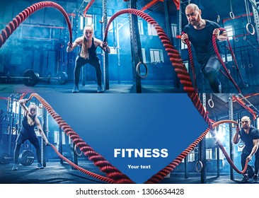 Collage About Man And Woman With Battle Ropes At Fitness Gym. Sport, Rope, Training, Athlete, Workout, Exercises Concept