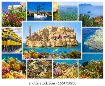 Collage About Sharm El Sheikh, Egypt With Coral Reef And Fishes.