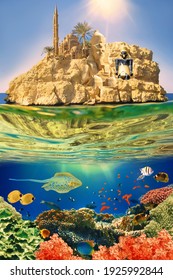 Collage About Sharm El Sheikh, Egypt With Coral Reef And Fishes.