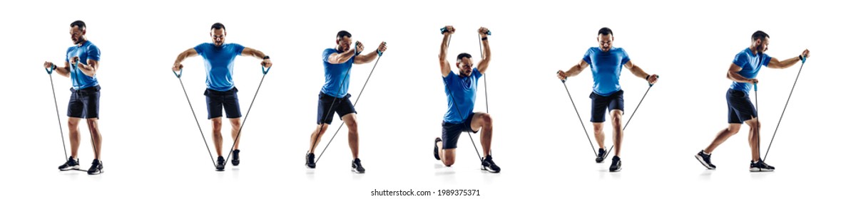 Collage About Sportsman Performing Squats As Secure Resistance Rope Between Legs, Stretch Loop With Knee, Clench Arms Together, Trying Get Fit During Training Session, Isolated On White Background