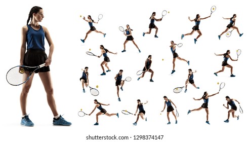 The collage about young woman playing tennis isolated on white background. Healthy lifestyle. The practicing, fitness, sport, exercise concept. The female model in motion or movement