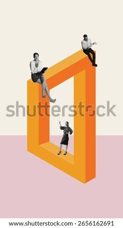 Collage of abstract 3D orange frame with surreal business characters posed on edges in pink minimal space. Concept of corporate hierarchy, growth steps, team dynamics, creative storytelling.