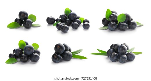 Collage Of Acai Berries On White Background