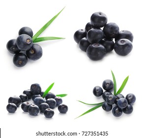 Collage Of Acai Berries On White Background