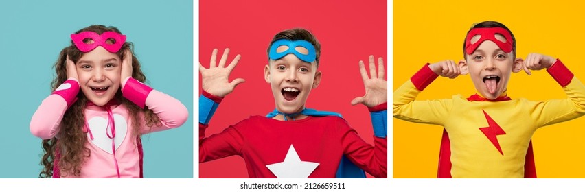 Collage of adorable little superheroes in multicolored costumes making funny faces and looking at camera against colorful background