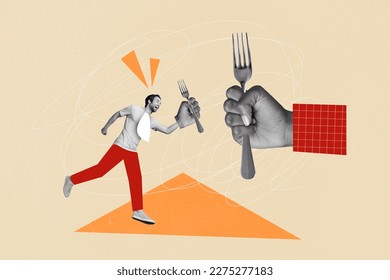 Collage advertisement banner of young excited funky guy hold silver fork want eat his dinner promo new restaurant isolated on beige background