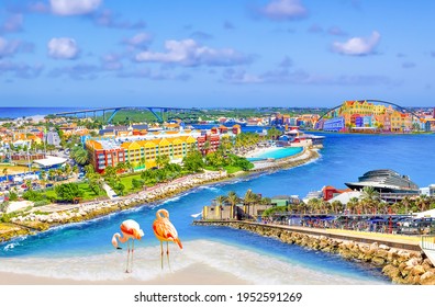 Collage with aerial panorama of Willemstad town in Curacao - The island Curacao is a tropical paradise in the Antilles in the Caribbean sea with beautiful architecture, beaches.