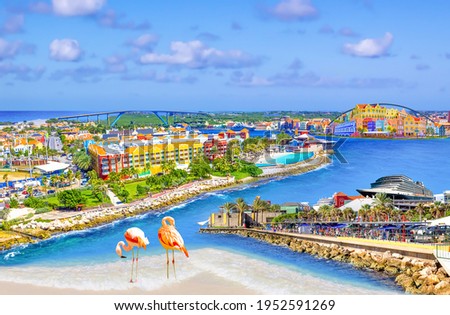 Collage with aerial panorama of Willemstad town in Curacao - The island Curacao is a tropical paradise in the Antilles in the Caribbean sea with beautiful architecture, beaches.