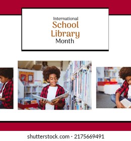 Collage Of African American Boy Reading Book In Library And International School Library Month Text. Copy Space, Childhood, Afro Hair, Composite, Education, Knowledge, Reading And Celebration.